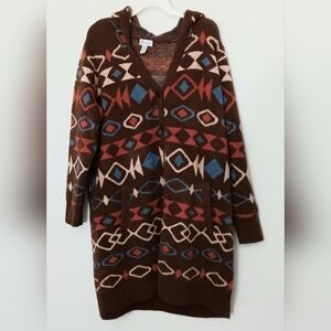 Denim & Co Sweater Women's Size 2X Jaquard Button Front Cardigan Hooded Aztec